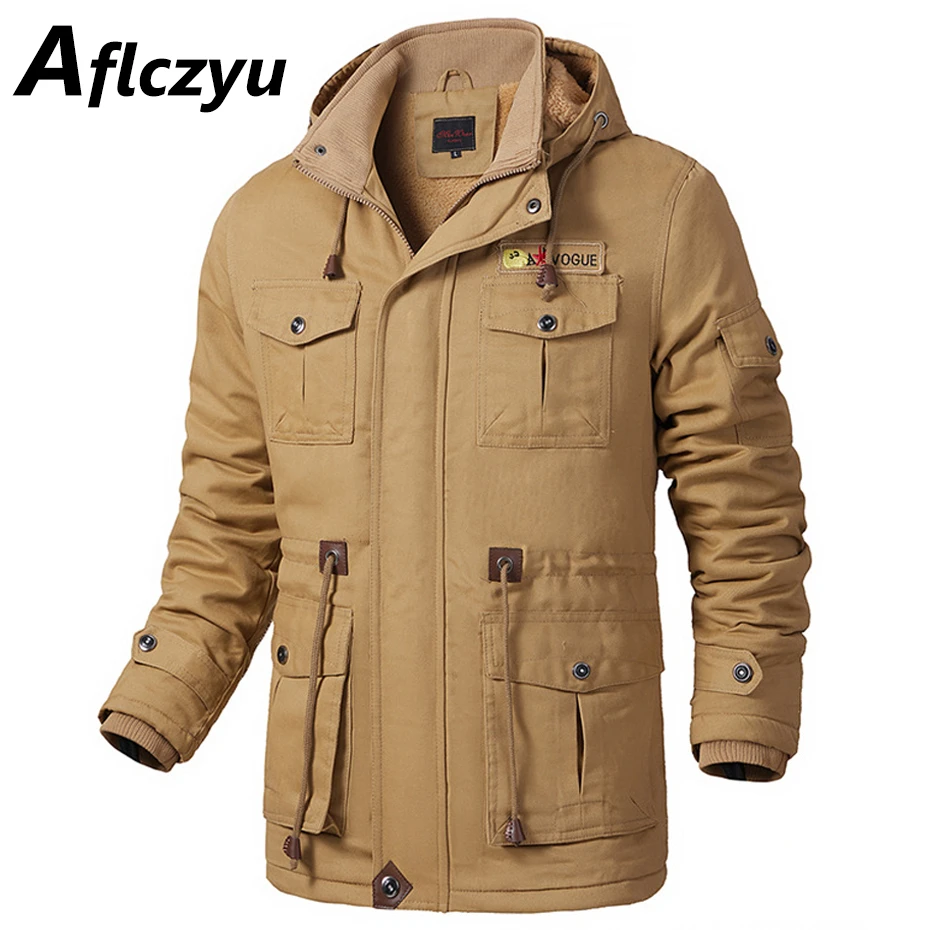 

Khaki Jacket Men Winter Thick Fleece Jacket Fashion Casual Cargo Coat Male Winter Warm Hooded Jackets Outerwear