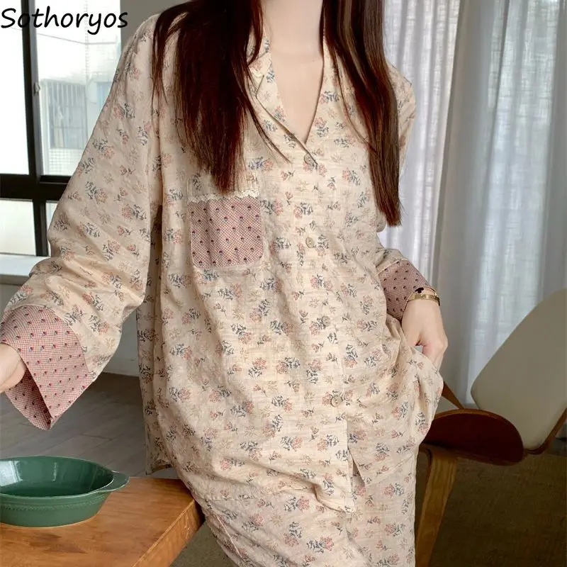 Pajama Sets Women Floral Aesthetic Sleepwear Casual Prairie Chic Autumn Sweet Home Cozy Students Korean Style V-neck New Pockets