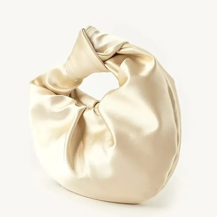Fashion Solid Color Trend Tote Handbag Round Circular Purse Satin Cloud Bag Knotted Hand-held for Lady Wedding Banquet Purse