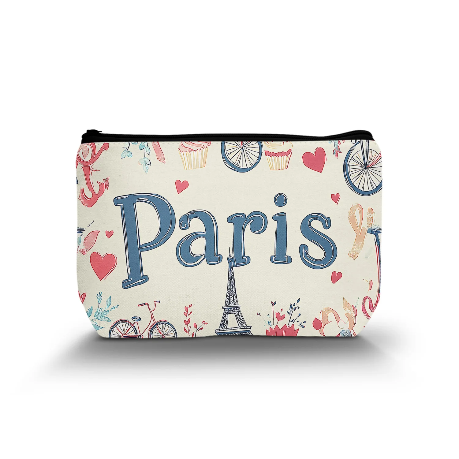 1Pc Women'S Cosmetic Bags Romantic Paris Eiffel Tower Maple Leaf Bicycle Ice Cream Toiletry Travel Bags Organizer