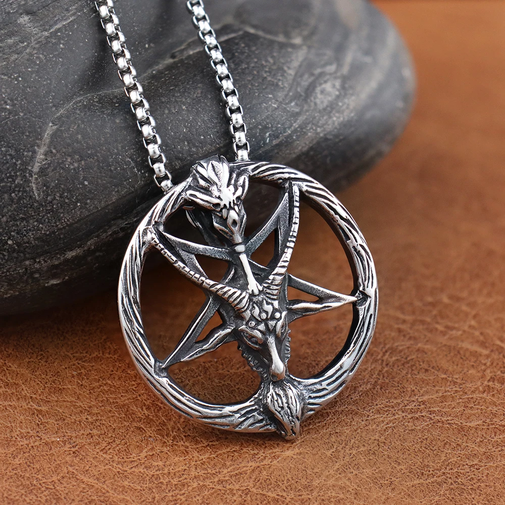 Vintage Men\'s 316L stainless Steel Satan Demon Sheep Head Pendant Gothic Baphomet Inverted Pentagram Goat Head Necklace Jewelry