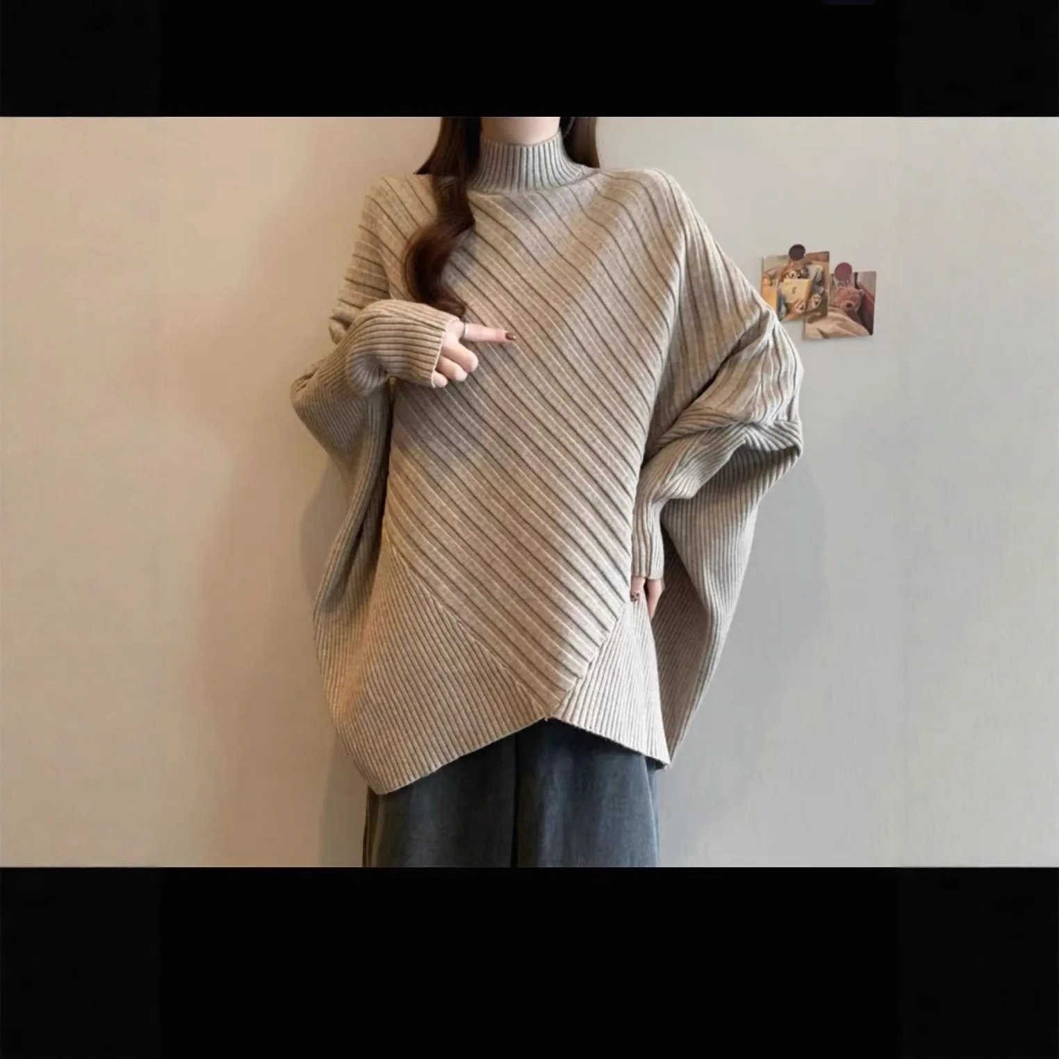 Irregular Bat-sleeved Knitted Sweater Women Loose Jacket Female Tops Autumn Winter Turtleneck Sweater Jumper Bottoming Shirt