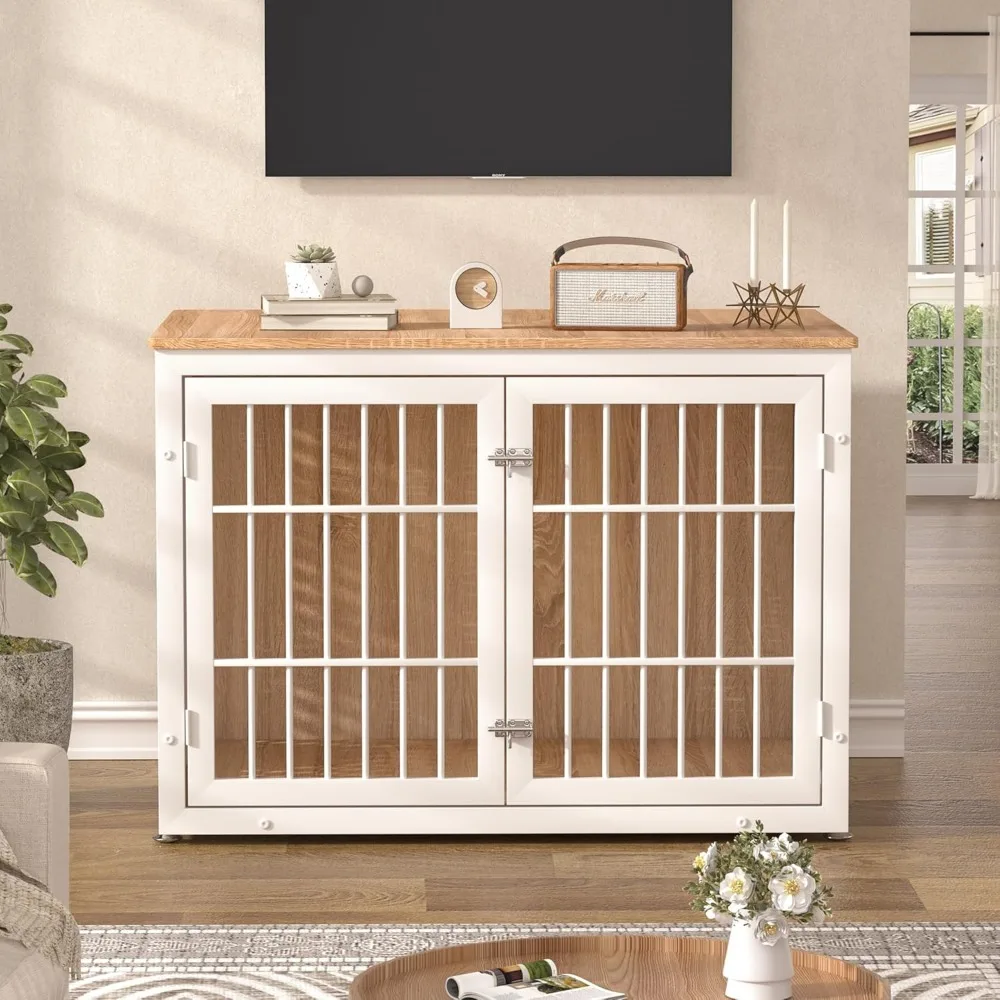 قفص كلب معدني كبير شديد التحمل للكلاب عالية القلق، أثاث قفص داخلي خشبي أبيض، غلاف مزخرف للحيوانات الأليفة #2