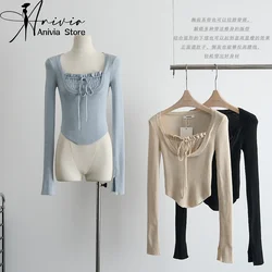 Women's Autumn/Winter Vacation Two-piece Square Neck Long sleeved Knitted Sweater Casual Fashion Y2K Bow Tie Top Blue/Black 2024