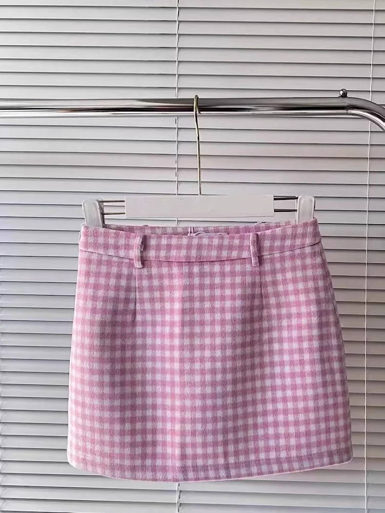 Women's Pink Plaid Mini Skirt Cute Gingham Pattern A-Line Skirt | High-Waist Slim Fit Trendy Preppy Style Skirt for Young Ladies