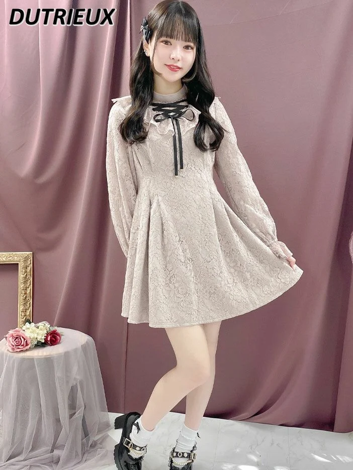 

Lace Fabric Ribbon Temperament Sweet and Elegant Dress Japanese New Spring Autumn Waist Slimming Long-sleeved Dresses