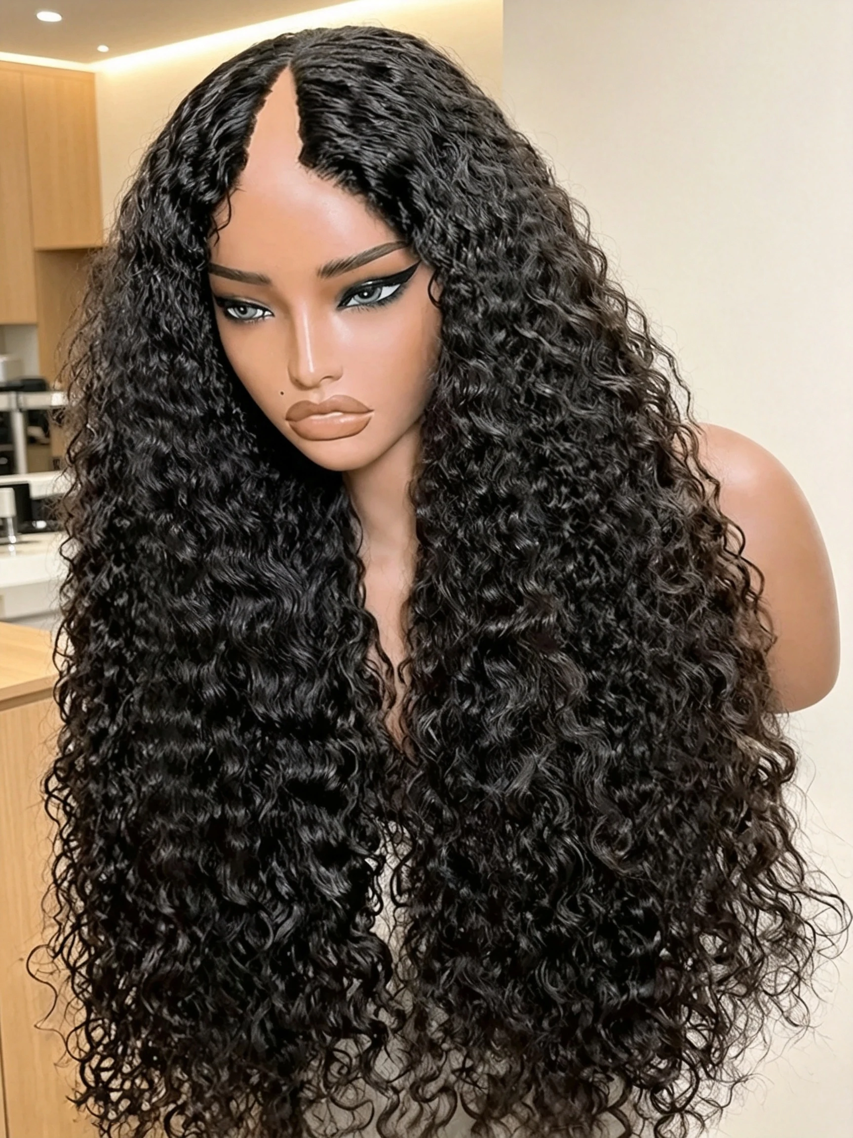 V Part Curly Wave Full Machine Human Hair Wig 210 Density Upgrade Ready To Wear Natural Colored Wigs For Women 30 32 Inch