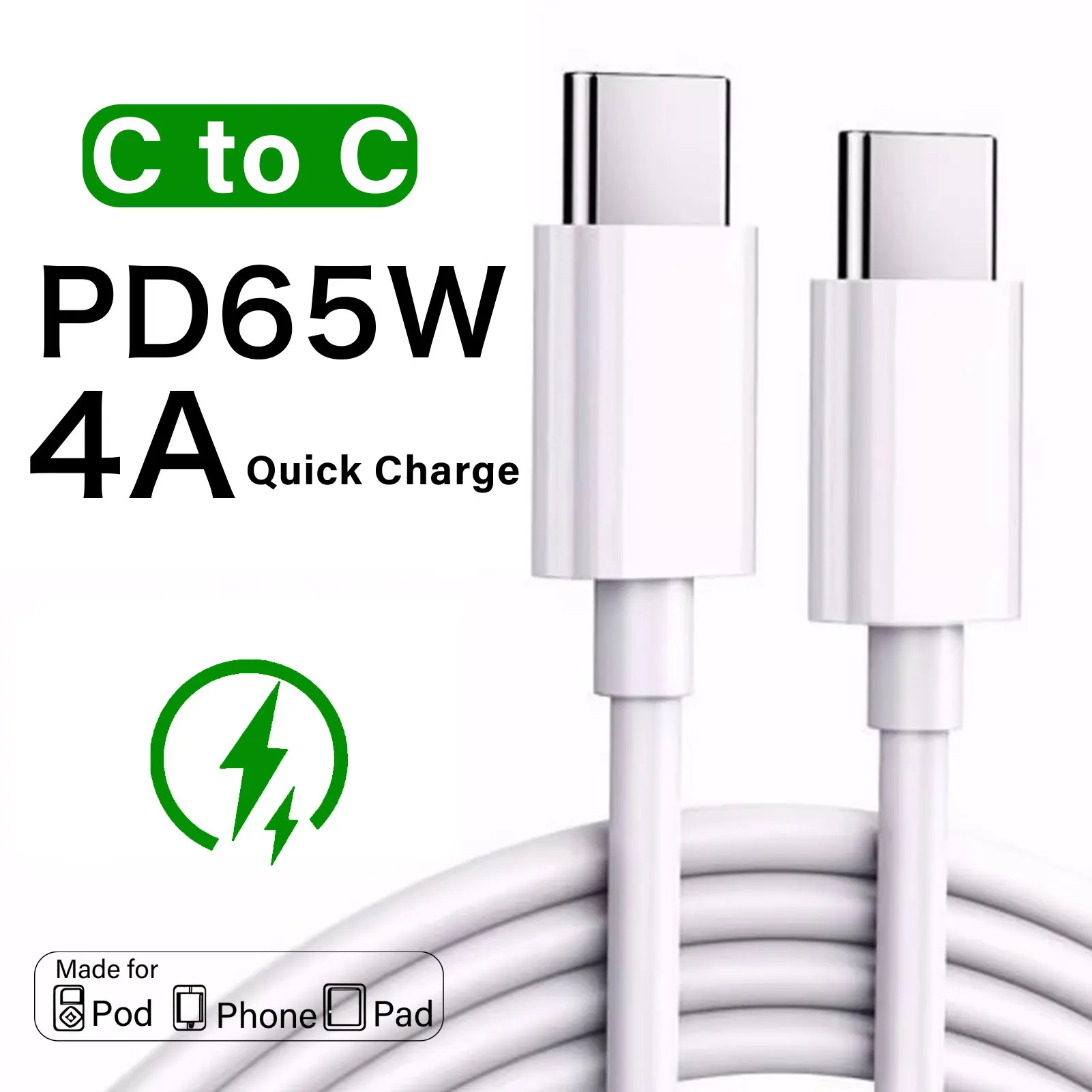 1m 2m USB C to Type C for iPhone PD 65W Cable for MacBook iPad Samsung xiaomi QC 4.0 USB-C Phone Laptop Tablet Fast Charger Cord