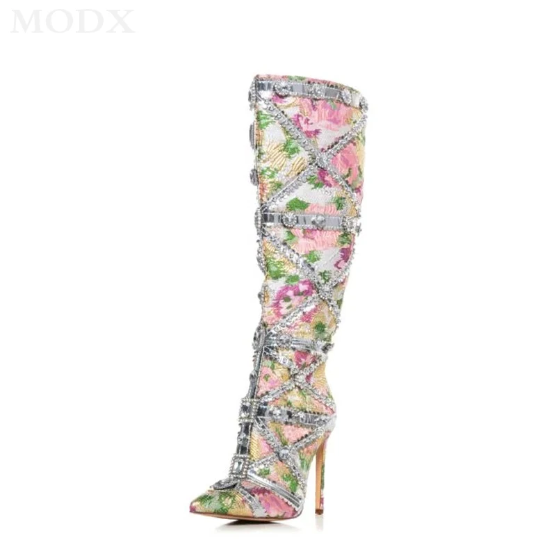 

2023 New Runway Fashion Boots Colorful Diamond Decor ultra-high heel Pointed Long Boot Stiletto Pink Print Shoe Zapatos De Mujer