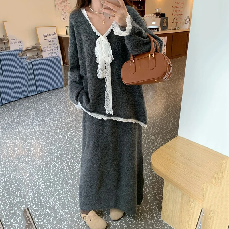 

Autumn Elegant Women's Sets Korean Style Casual V-neck Bow Lace Patchwork Sweater High Waist Skirt Knit Two-piece Set