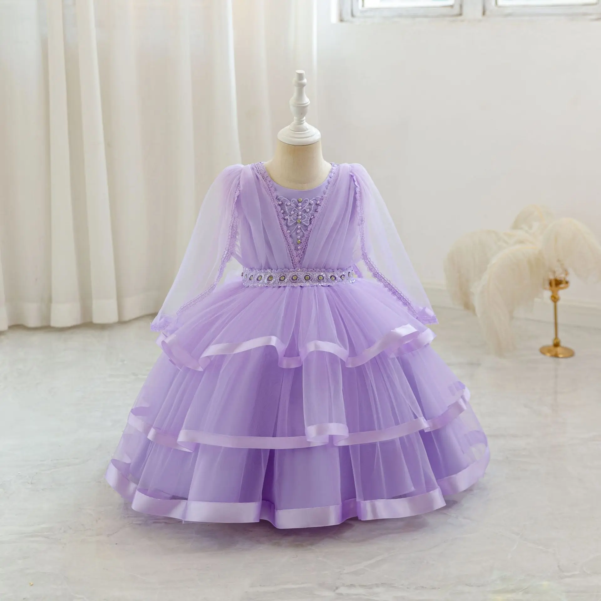 HETISO Birthday Layered Dress For Kids Long Sleeve Girls Tulle Princess Ball Gown Pearls Belt Children's Formal Costume