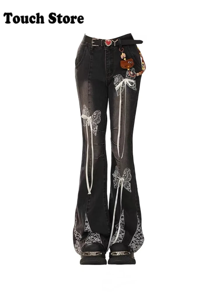 Women Shoujo Lace Flare Jean Y2K Japanese Denim Trumpet Pants 2000s Abi Grunge Bell-Bottom Korean Fashion Dark Academia Goth New