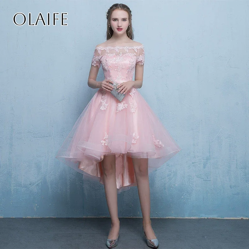 

Off Shoulder Appliques Homecoming Dresses Short Sleeves Tulle High-low Pleated Customized شارون سعيد فساتين سه