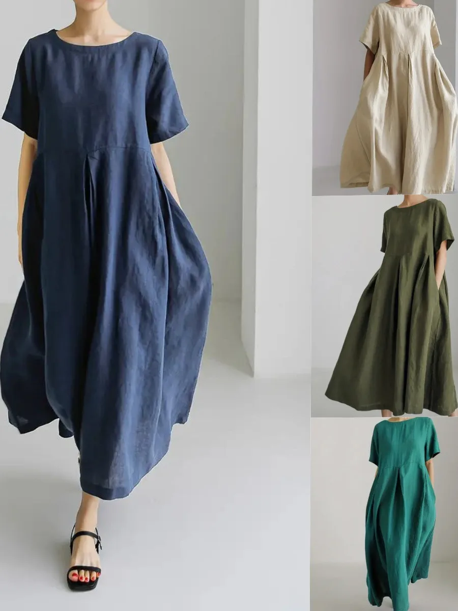 2025년 신상 여성용 면 린넨 롱 민소매 원피스 하이웨이스트 루즈핏 플러스 사이즈 여름 한국 스타일 의류 배 가리기