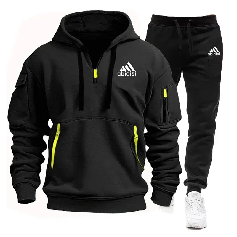 

Men's 2025 New Sporty Casual Running Set, Outdoor Hooded Sweatshirt, Black Sport Pants Set for Fashionable Jogging