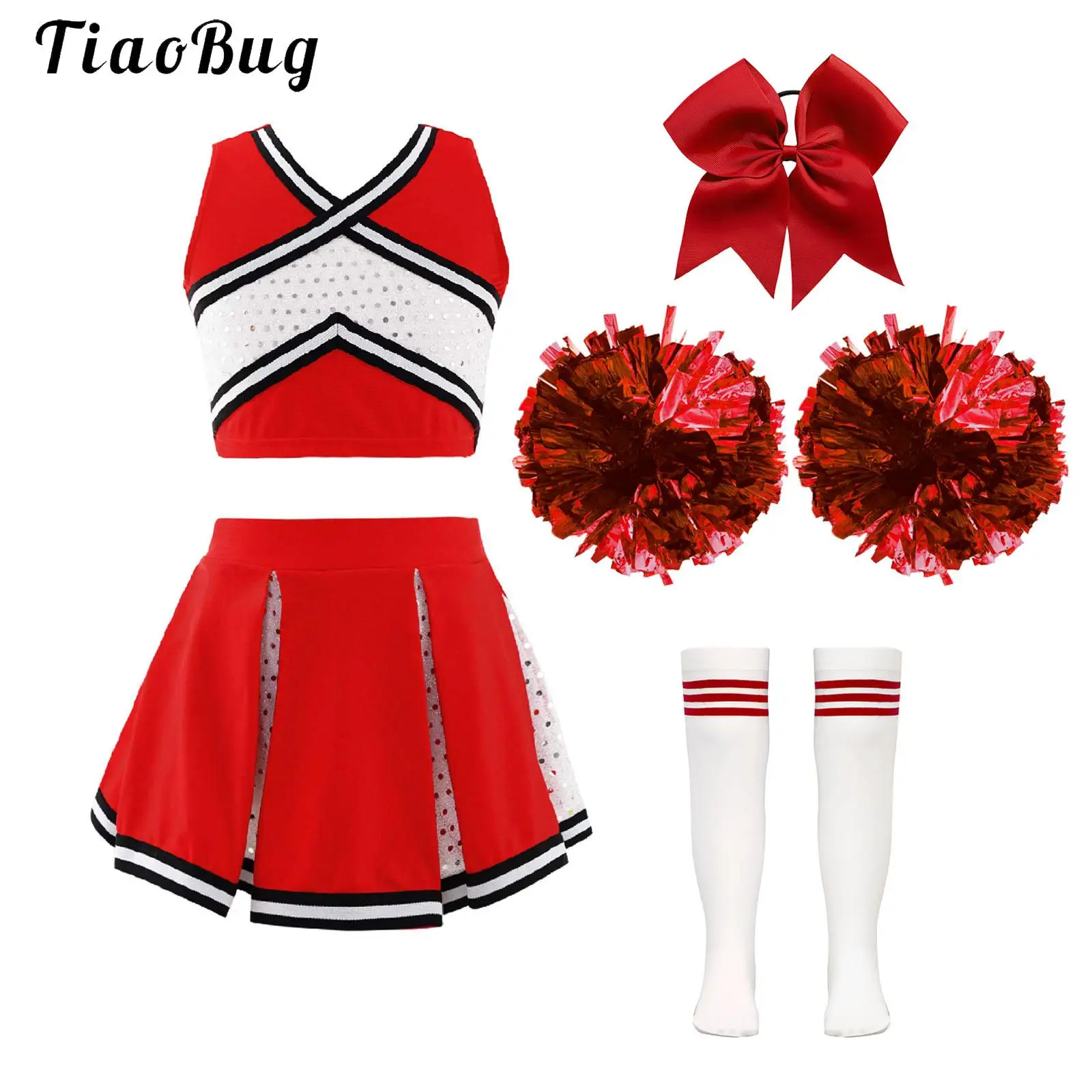 Costume de pom-pom girl pour filles, tenue à paillettes, haut court, jupe plissée avec couvre-chef, chaussettes rayées, uniforme de pom-pom girl scolaire