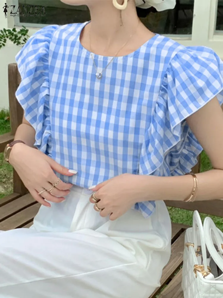 ZANZEA Ruffles Stitching Elegant Tops Checked Plaid Women O Neck Shirts Casual Korean Fashion Summer Sleeveless Blusas Blouses