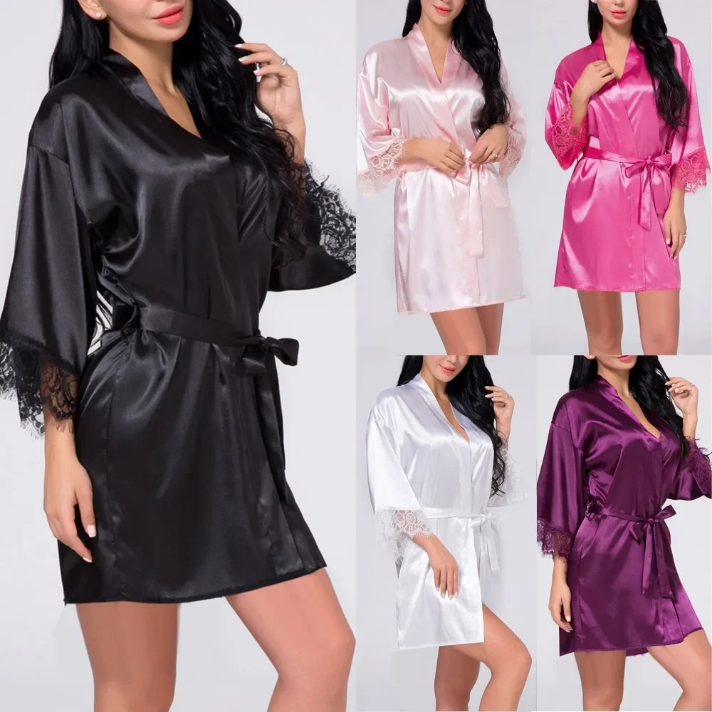 Fashion Women Robe Nightgown Sexy Lingerie Satin Comfortable Robes Lace Lady\'s Nightdress Nightwear Sleepwear Pajamas