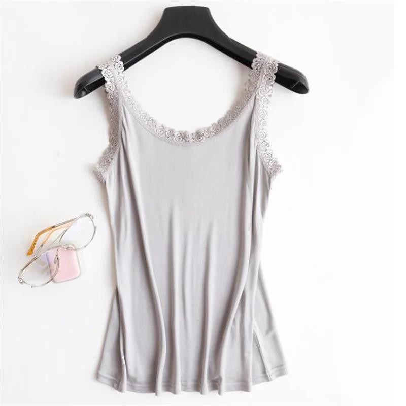 2022 Summer NEW 100% Natural Mulberry Silk Strap Top Women U Neck Solid Cami Vest Sleeveless Silk Tank Tops Ladies Lace Camisole