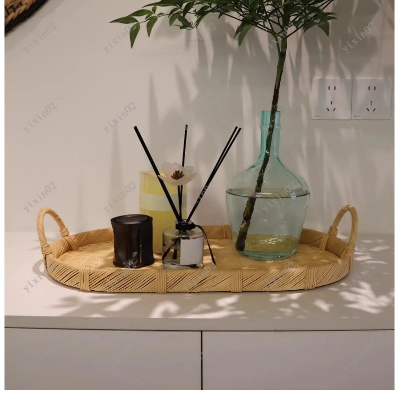 Handwoven Rattan Oval Serving Tray Multi-Use Storage Tray for Home Breakfast & Desktop Decor