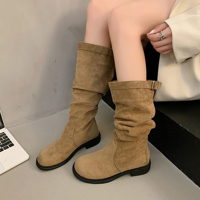 2024 Women Wrinkle Knee High Boots Winter Size Chunky Heel Thigh High Boots for Women Outdoor Casual Ladies Shoes High Boots