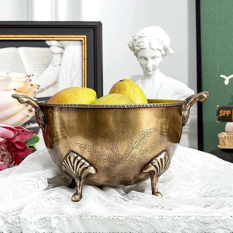 Brass Fruit Bowl Circular Dish With Hand Carved Detail Antique Serving Tray Dining Table Centerpiece Entertaining