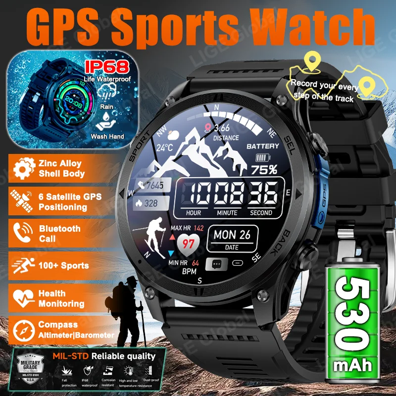 LIGE Military GPS Run Tracker Smart Watch 6 Satellite GPS Position Compass Altimeter Barometric 530mAh Battery IP68 Call Watches
