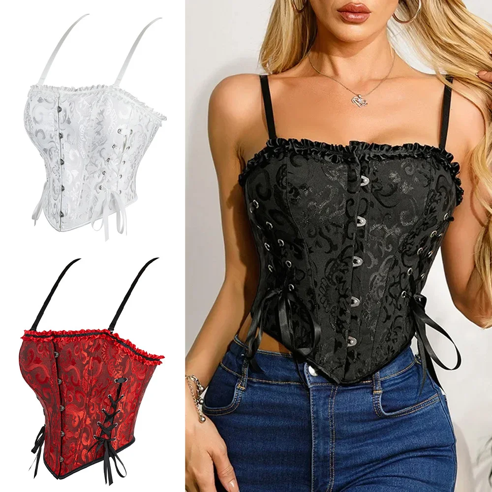 Women Shoulder Strap Overbust Corset Sexy Black Slim Fit Camisole Lace-Up Adjust Jacquard Corset Flounce Bustier Party Costume