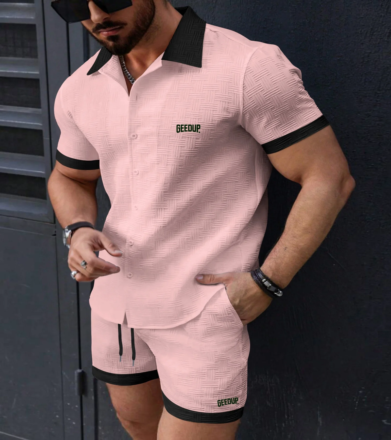 2025 Summer Hawaiian Men's Fashion Comfortable fabric lapel shirt Casual outdoor color matching short sleeve shorts beach suit