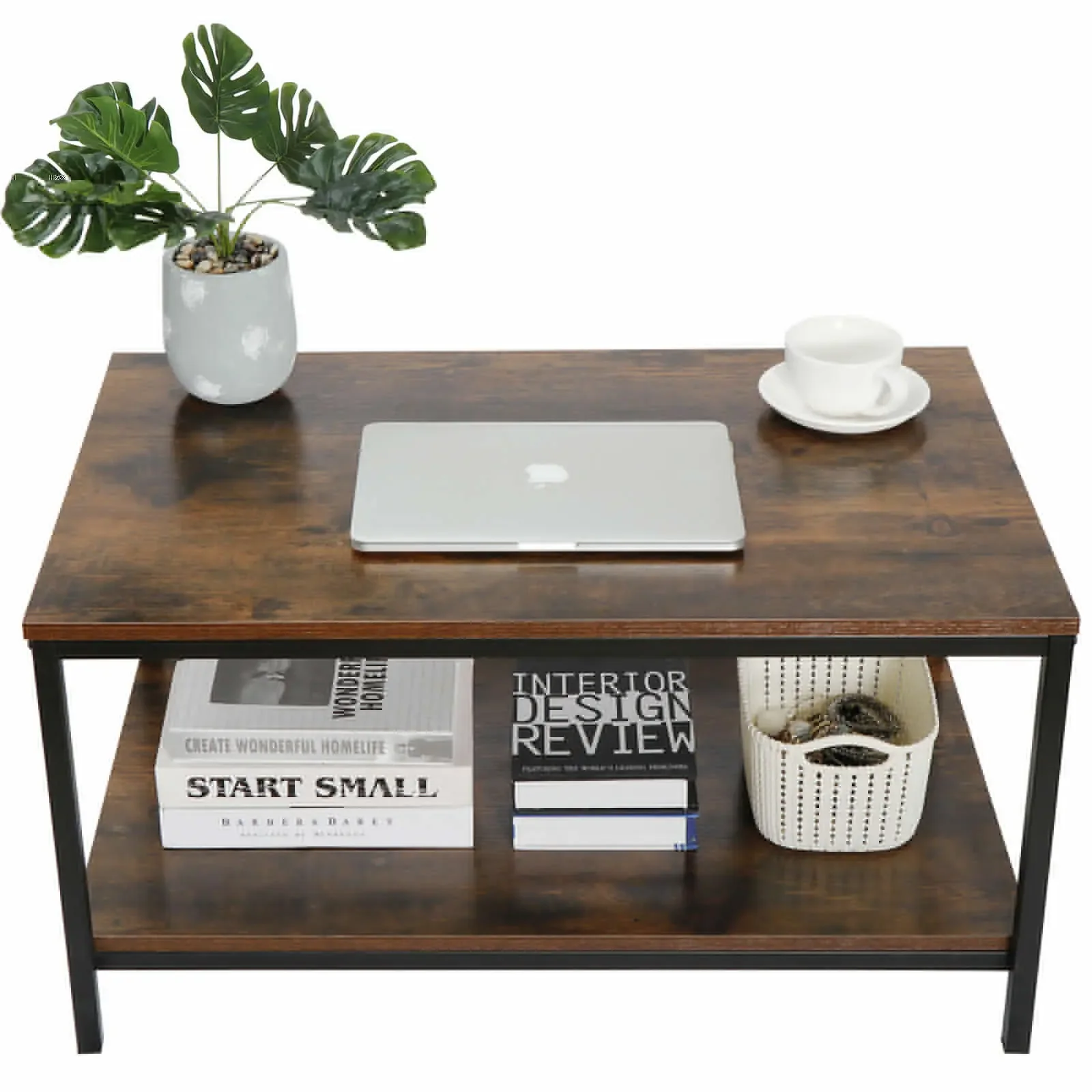 

New Rustic Wood Coffee Table Rectangular Coffee Table with Storage Shelf Durable For Home