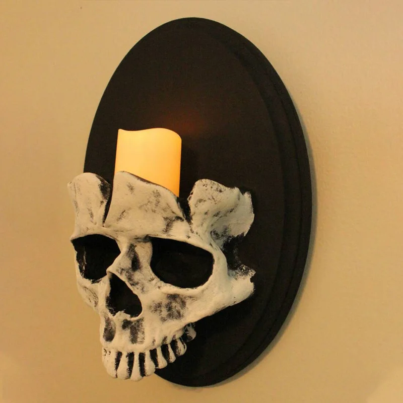 Halloween Skull Head Candle Holder Scary Skeleton Head Wall Mounted Candle Sconce Home Bar Restaurant Decorative Candlestick