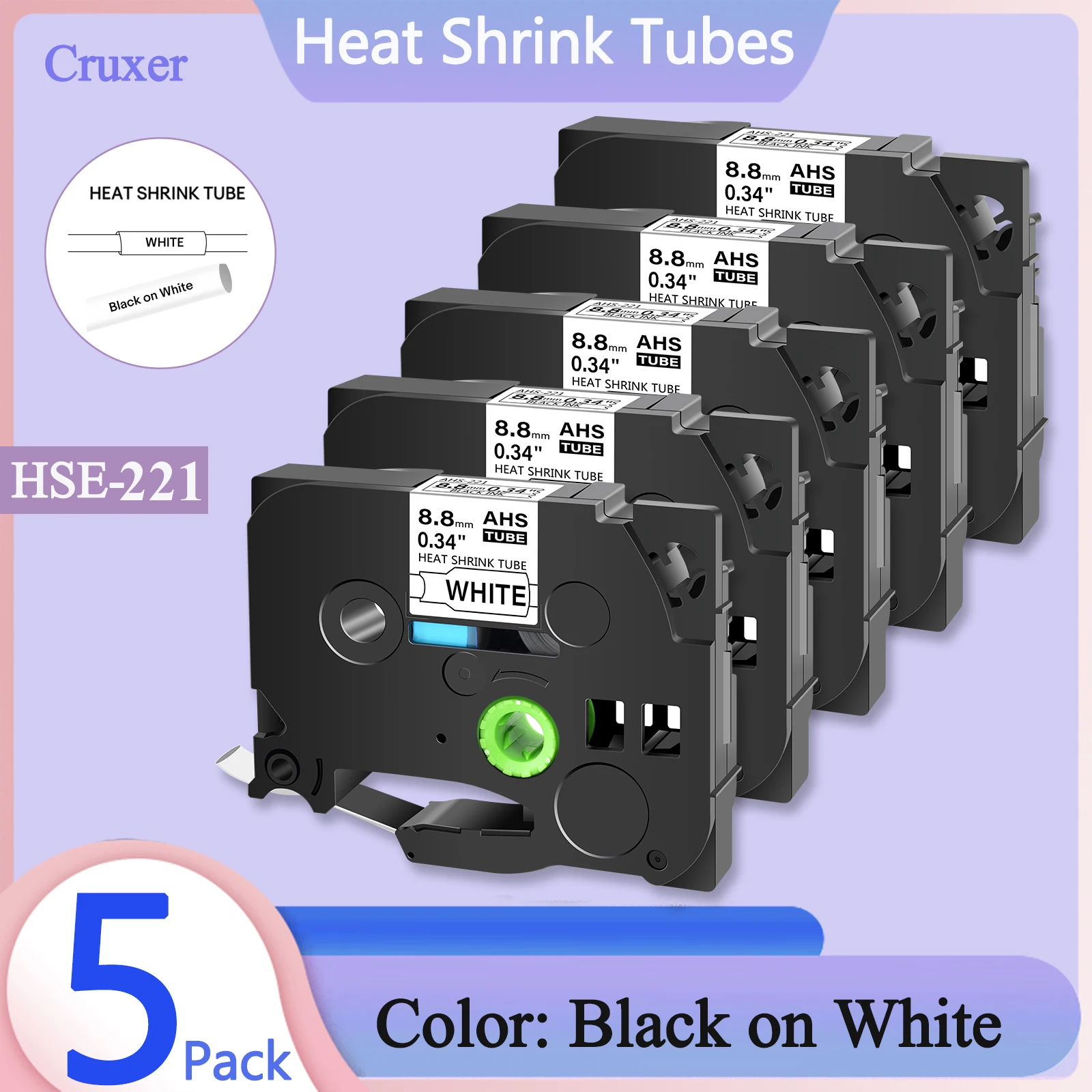 

5 PK Heat Shrink Tubes Compatible Brother 8.8mm Hse-221 Label Tape Black on White Cartridge Cassette For P-Touch Label Printers