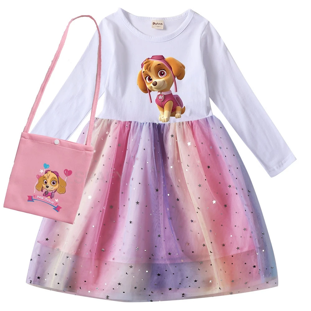 PAW PATROL Princess Dress Girls Dress Skye Cartoon Kids Dress Long-sleeved For Children\'s Party Clothes Cotton Dress 1-8Y