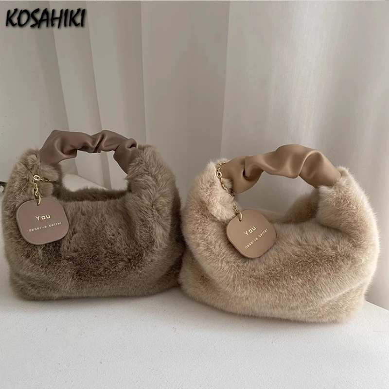 Japanese Fluffy Kawaii Cute Top-Handle Bag Luxury Design Fashion Chic Shoulder Crossbody Bag Sweet Y2k Women Purses and Handbags