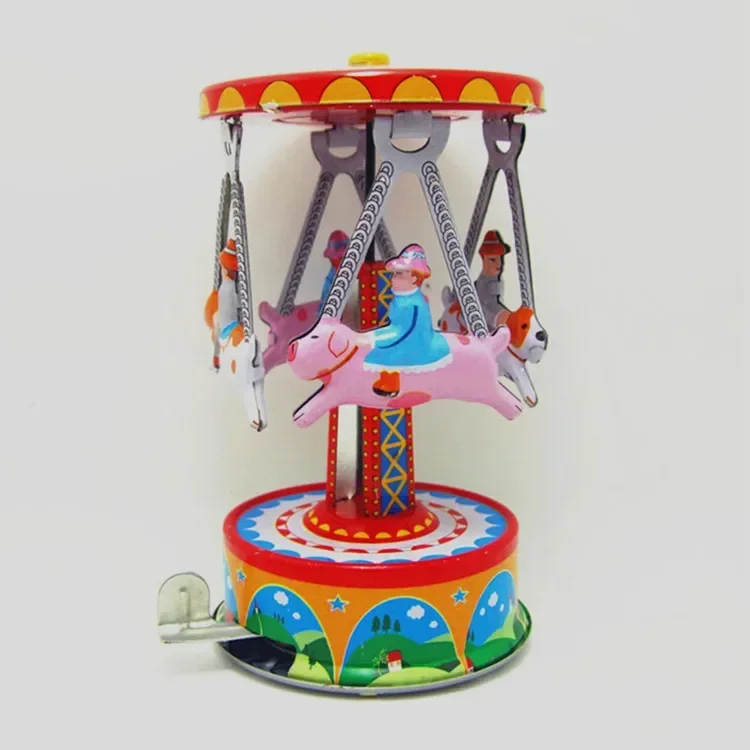 [Funny Adult Collection Retro Wind up toy Metal Tin amusement park carousel Rotating animal Mechanical Clockwork toy figure gift