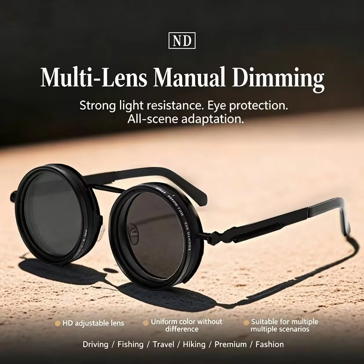ND 9-level Adjustable Dimming Sunglasses Round Retro Punk Dimming Eyeglasses Outdoor Driving UV400 Polarized Sunglasses Unisex