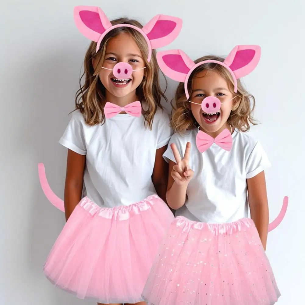 Невыцветающая повязка на голову для девочек, костюм свиньи для косплея, комплект с повязкой на голову со свиными ушками, галстук с бантом, сетчатая пряжа для носа для детей для купания