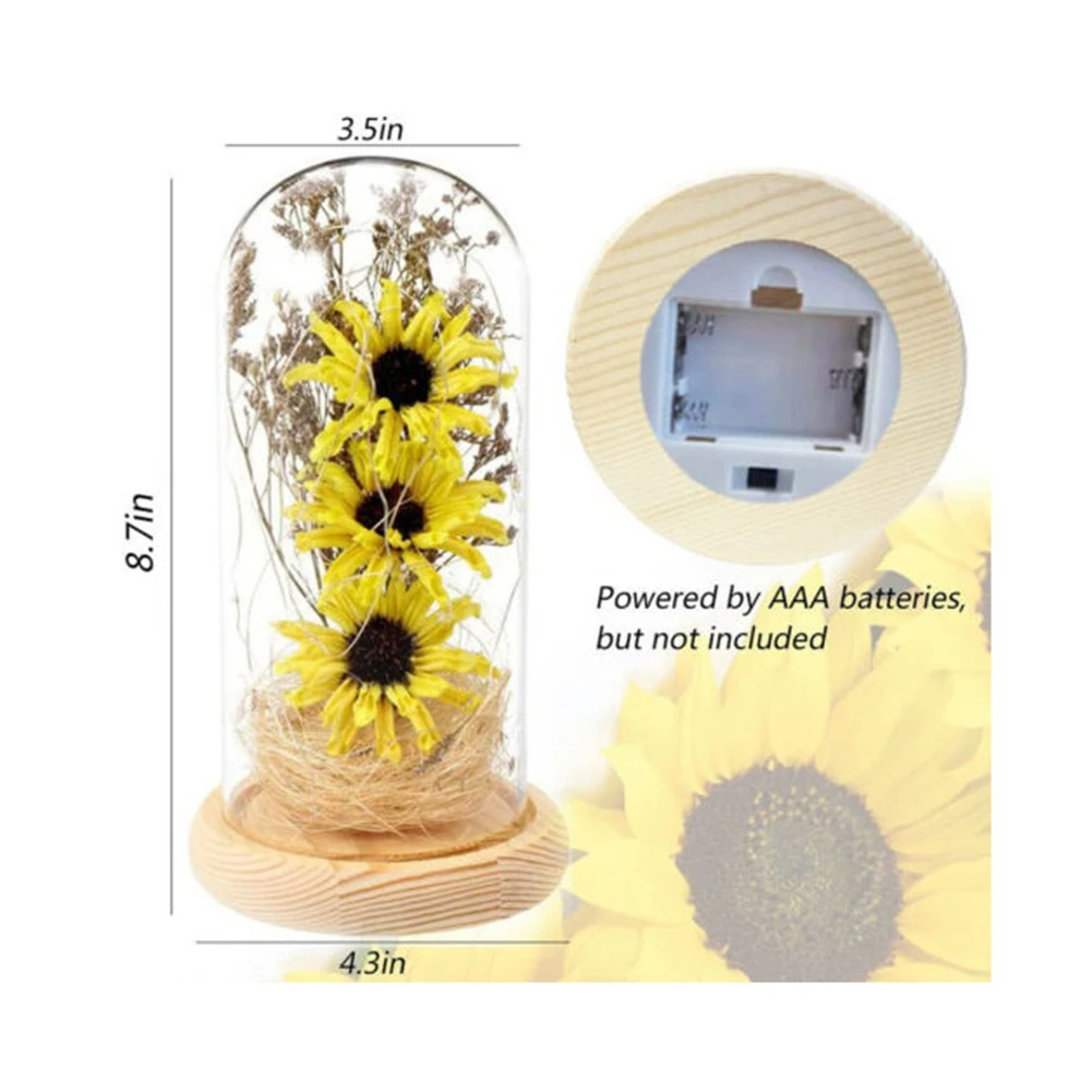 Imitation Sunflowers in Glass Dome with LED Strips Valentine's Day Gift Decoration