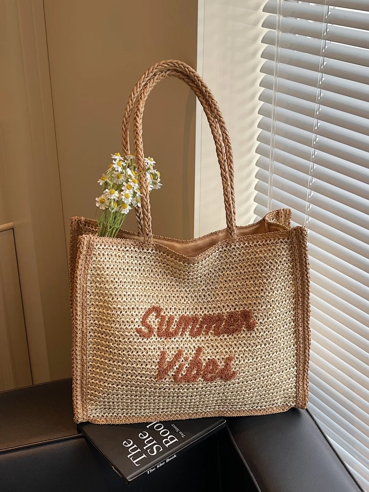 2026 New Style Large Capacity Woven Straw Bag Women's Single Shoulder Commuter Beach Sandals Bag Forest System Tote Bag