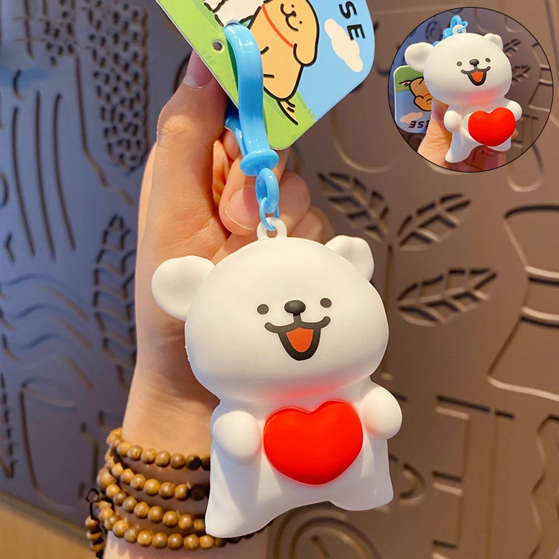 Cartoon Animal Smiling Lines Puppy Pinch Happy Launch Love Keychain Cute Went Toy Cure Dog Doll Hug Red Heart Pendant Key Chain