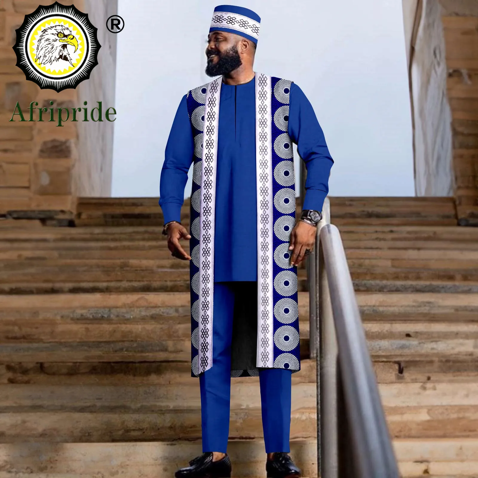 Trajes africanos para hombres, chaqueta bordada, camisas, pantalones y sombrero Tribal, conjunto Dashiki, atuendo tradicional para boda, 2416028