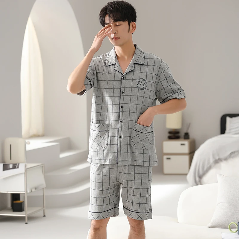 Big Size M-4XL Men Pajama Set Summer Short Sleeve Sleepwear Male Turn-down Collar 100% Cotton Pijamas