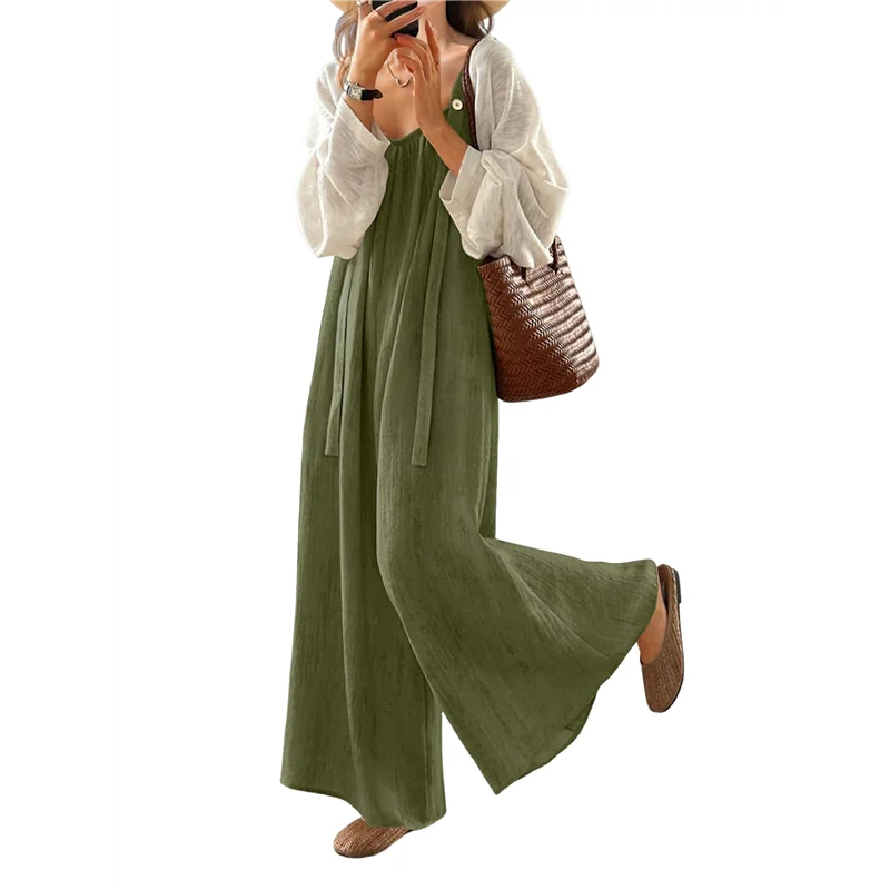 

【SEE】Casual Wide Leg Jumpsuits For Women Boho Pleated Overalls Rompers Summer Outfits With Pockets