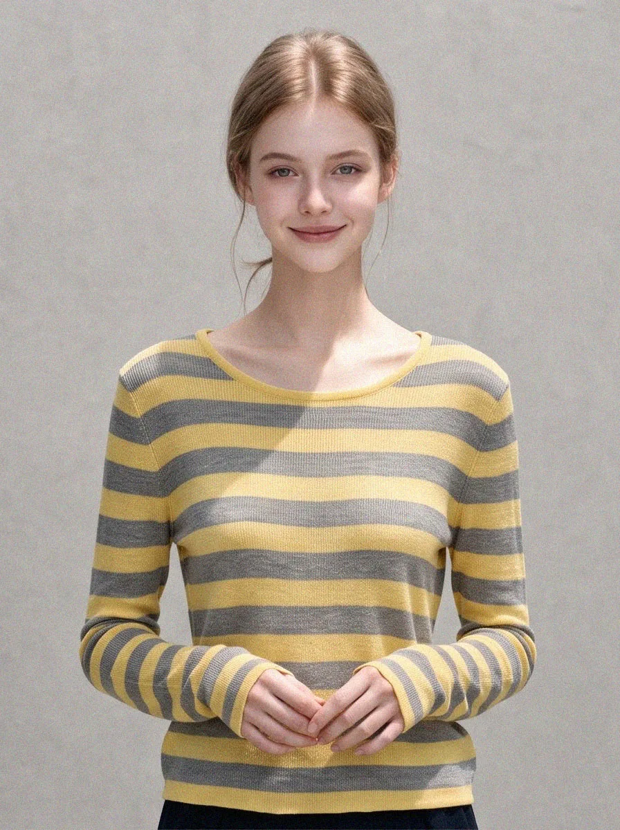 Striped Cropped Long Sleeve Base T Shirt Women Early Autumn Petite Unique Pretty Top