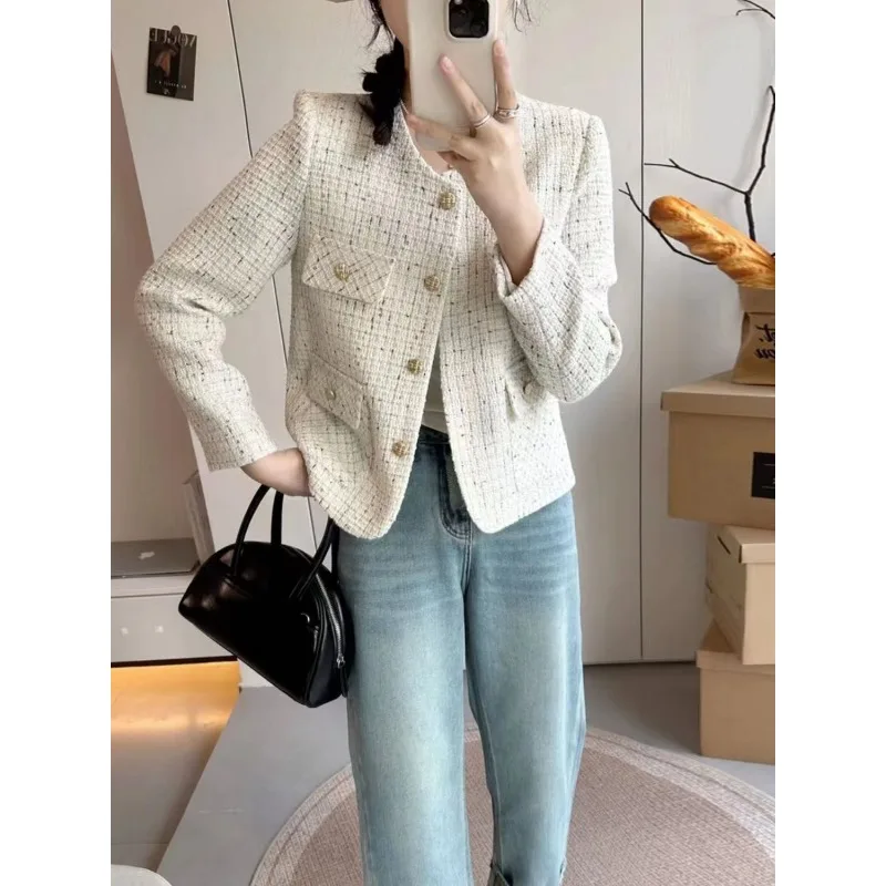 Small Fragrant Coat Autumn Women Cropped Tweed Jacket Single-breasted Long Sleeves High-end Luxury Office Ladies Outerwear New