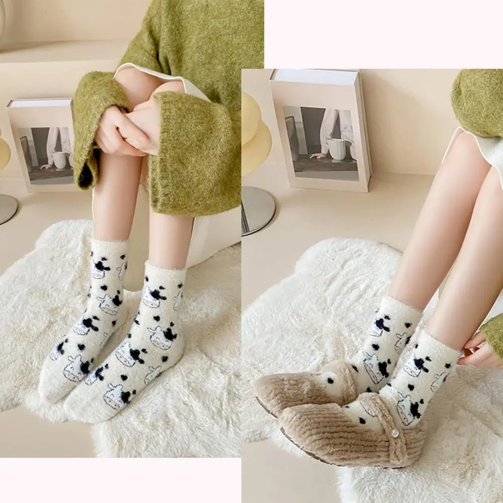 Easy to Put on Socks Cozy Winter Floor Socks with Cartoon Cow Dinosaur Print Thick Fleece Mid-tube Anti-slip Elastic Warm Soft