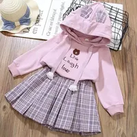 4 6 8 10 12 Years Girls Clothing Sets Cotton Cartoon Little Bear Hoodies + Pleated Skirt 2Pcs Suit For Children Birthday Present