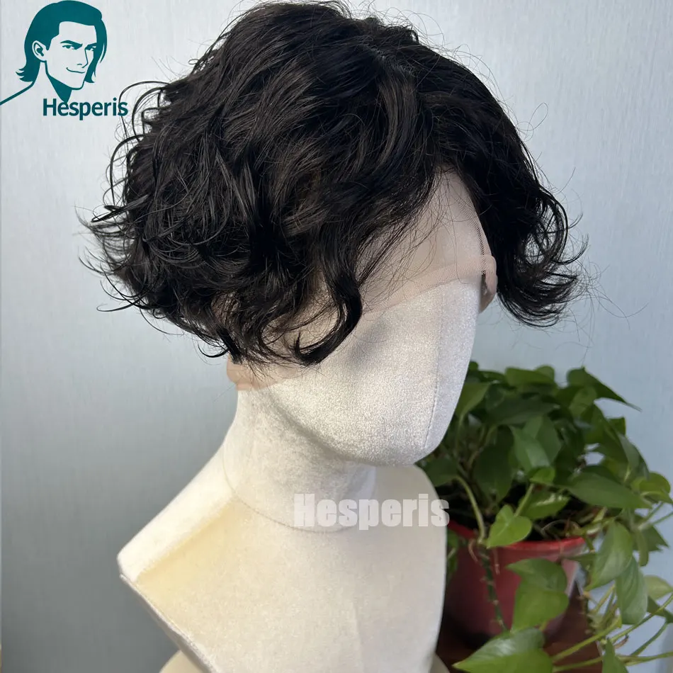 

Hesperis Натуральный цвет Полный парик шнурка для мужчин Бразильская мода Короткие вьющиеся мужские парики Средняя часть человеческих волос Черный цвет