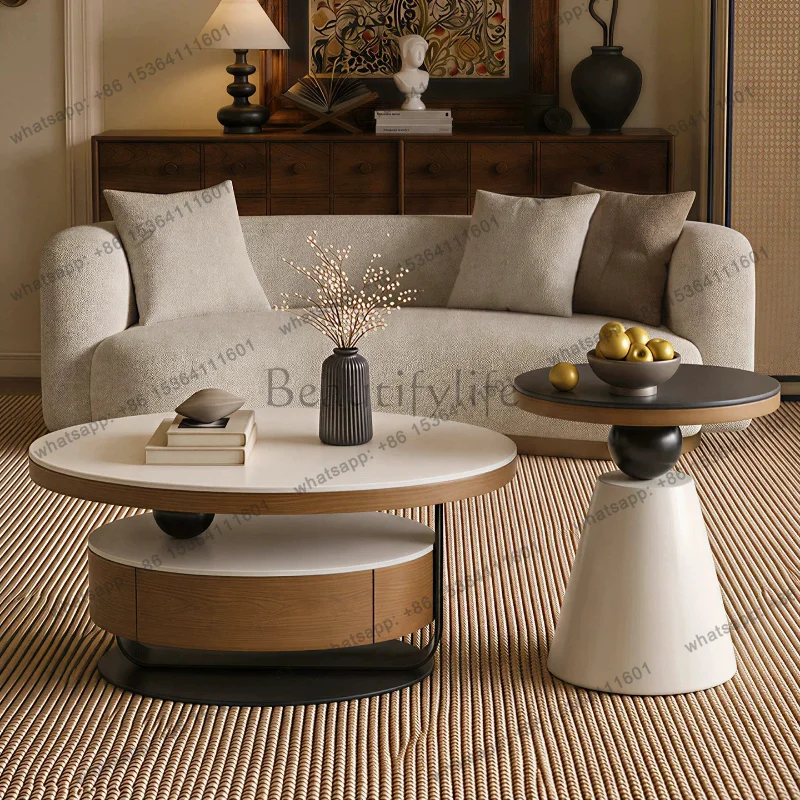 PG medieval pure white rock slab round suspended coffee table combination living room complete set of furniture