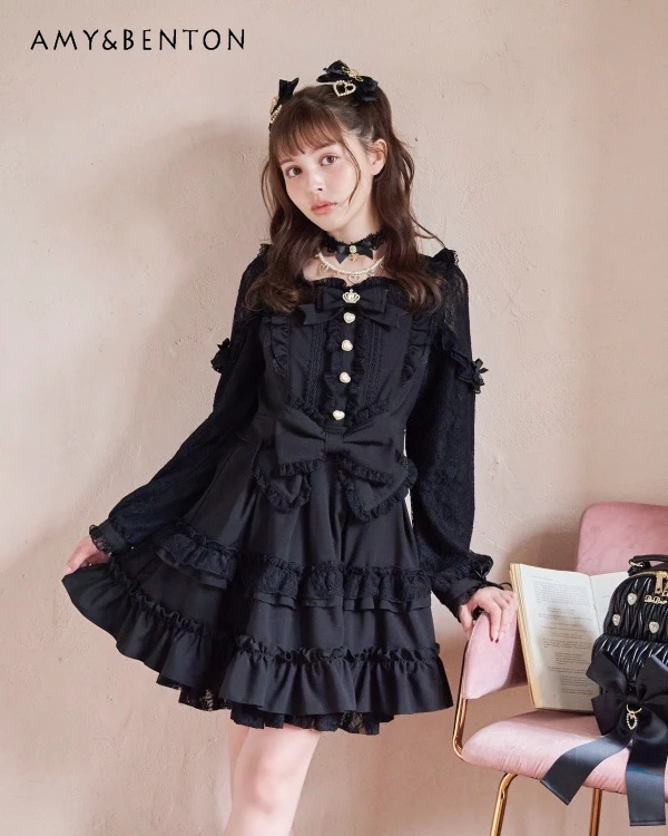 Japanese Liz Lisa Mass-Produced Lace Off-Shoulder Dress for Women Sweet Cute Bow Long Sleeve Slim Multi-Layer Mini Dress Summer